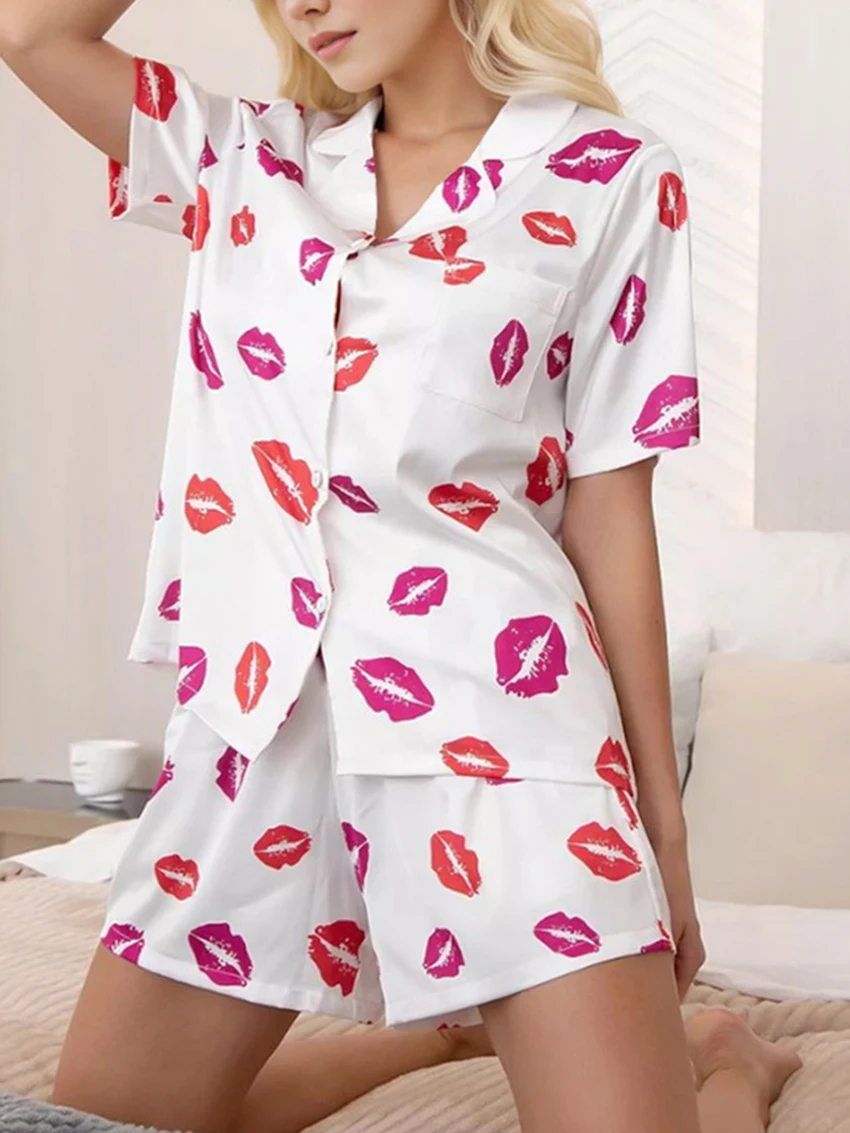Marthaqiqi Loose Ladies Sleepwear 2 Piece Suit Turn-Down Collar Pajama Short Sleeve Nightwear Shorts Casual Printing Nightie Set