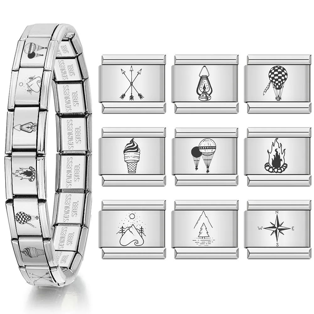 Laser-Charm, italienischer Link, passend für 9 mm, silberfarben, Eiscreme, Heißluftballon, Pfeil, Kompass, Laterne, modische Armbandherstellung, DIY-Perlen