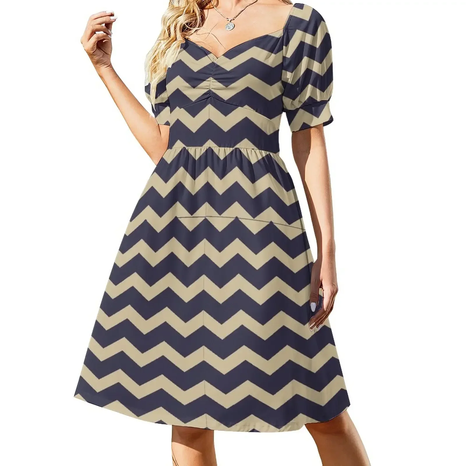 thumbnail image 1 of Vestido de manga corta con rayas horizontales en zigzag falda de verano para mujer vestidos de graduación, 1 of 8