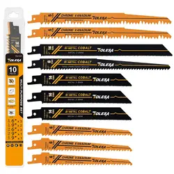 TOLESA 10-Piece Bi-Metal Reciprocating Saw Blade Set for Versatile Cutting Tasks (10PCS 6 9In Mix Kits)