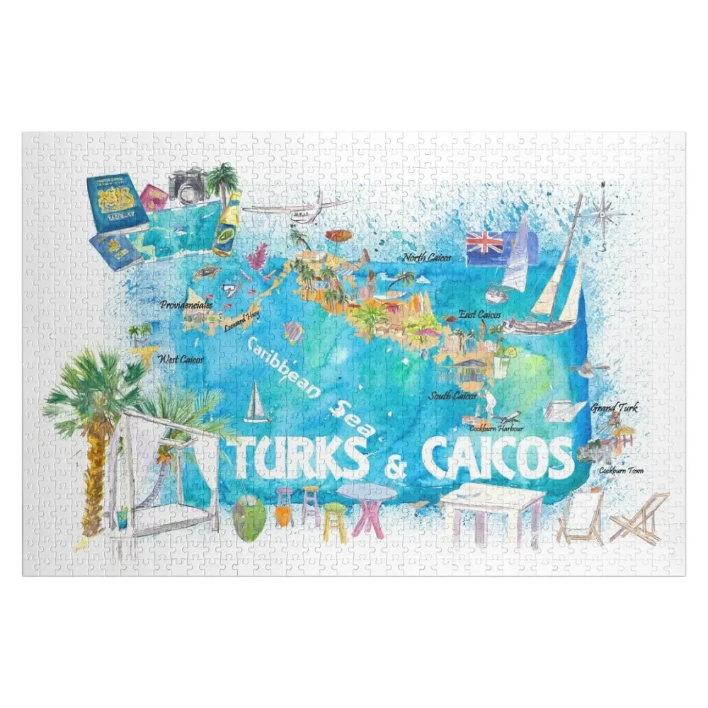 

Turks & Caicos Antilles Illustrated Travel Map with Roads and Highlights Jigsaw Puzzle Personalized Toy Wooden Boxes Puzzle