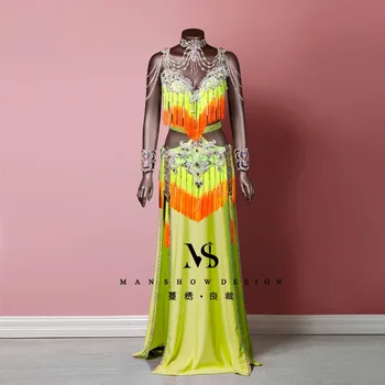 Customized Belly Dance Performance Costumes Sexy Contrasting Tassel Shoulder Chain Straight Tube Skirt Eastern Dance Clothes Set