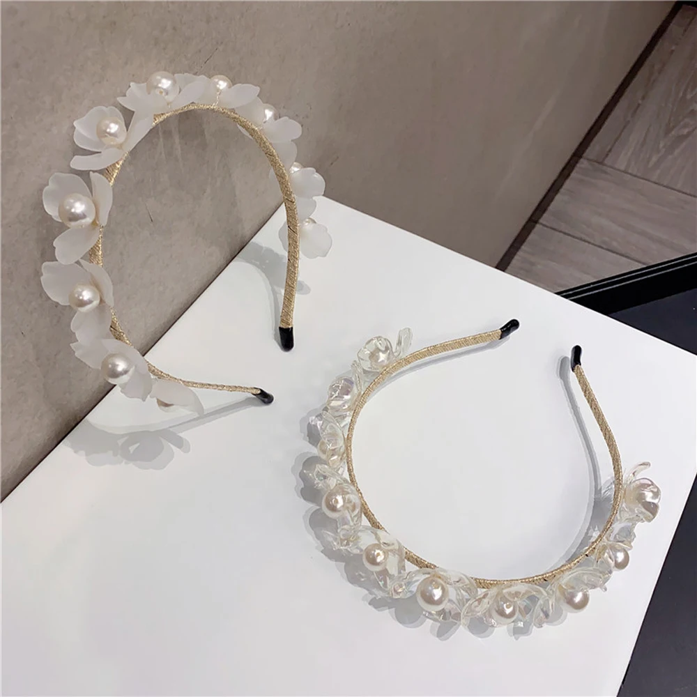 

Ободок для волос с жемчугом Женский, нескользящий обруч с прозрачными цветами, аксессуар на голову