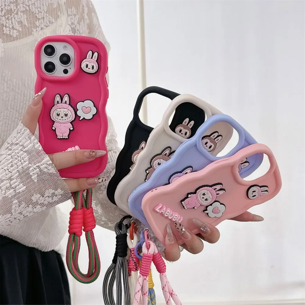 Cartoon Cute Wrist Strap Case For iPhone 16 15 14 13 12 11 Pro Max