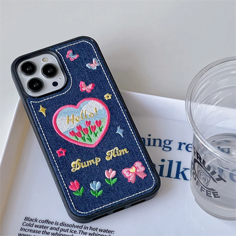 Korean Cute Y2k Butterfly Denim Embroidery Phone Case For iPhone 15 14 13  12 Pro Max 11 Love Heart Cherry Shockproof Soft Cover - AliExpress