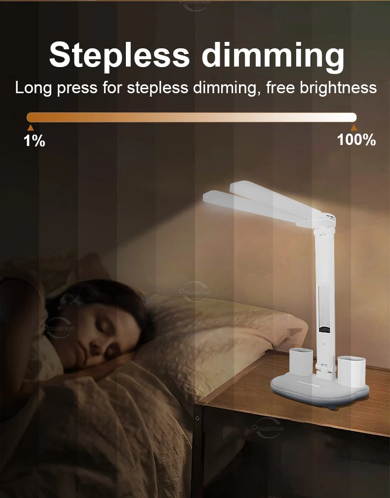 Description Picture 5 of itemNEW Rechargeable LED Clock Dimmable Desk Lamp 2 Heads 180° Rotation Foldable Study Desktop Reading Table Lamp Bedroom Room Lamps