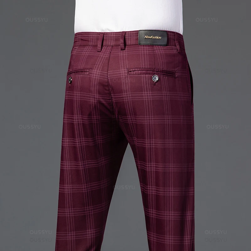 OUSSYU Brand Plaid Pattern Pants Men Cotton Formal Work Business Black Wine Red Fashion Slim Fit Luxury Trousers Male 30-38