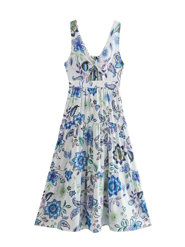 

BBWM Summer Fashion Suspenders Floral Print Backless Chest Embellished With Bow Bohemian Beach Dress Women