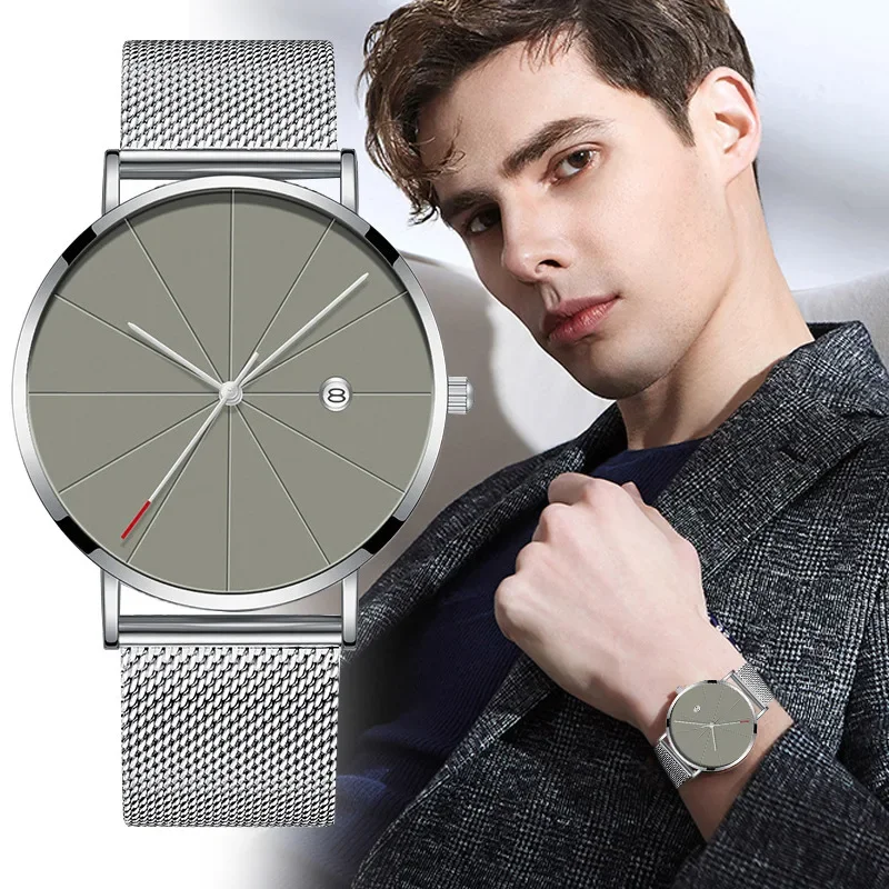 

New Fashion Men's Trend Watch High-end Business Men's Wrist Watch Mesh Belt Quartz Calendar Watch