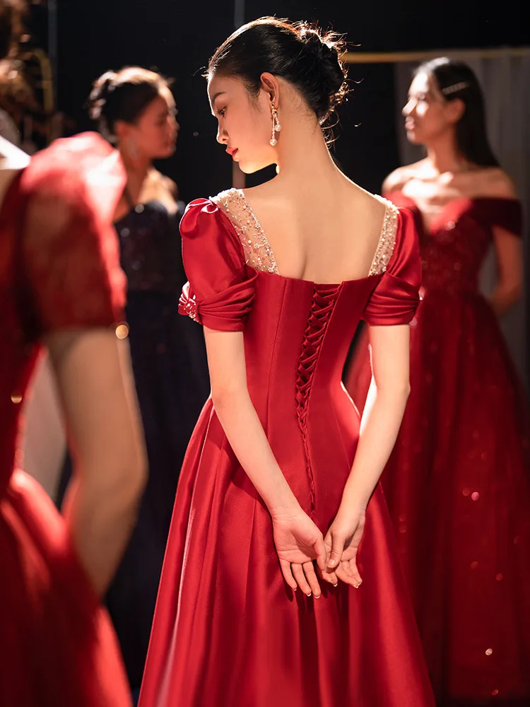 Sweat Red Long Lady Girl Women Princess Prom Banquet Party Ball Dress Performance Gown