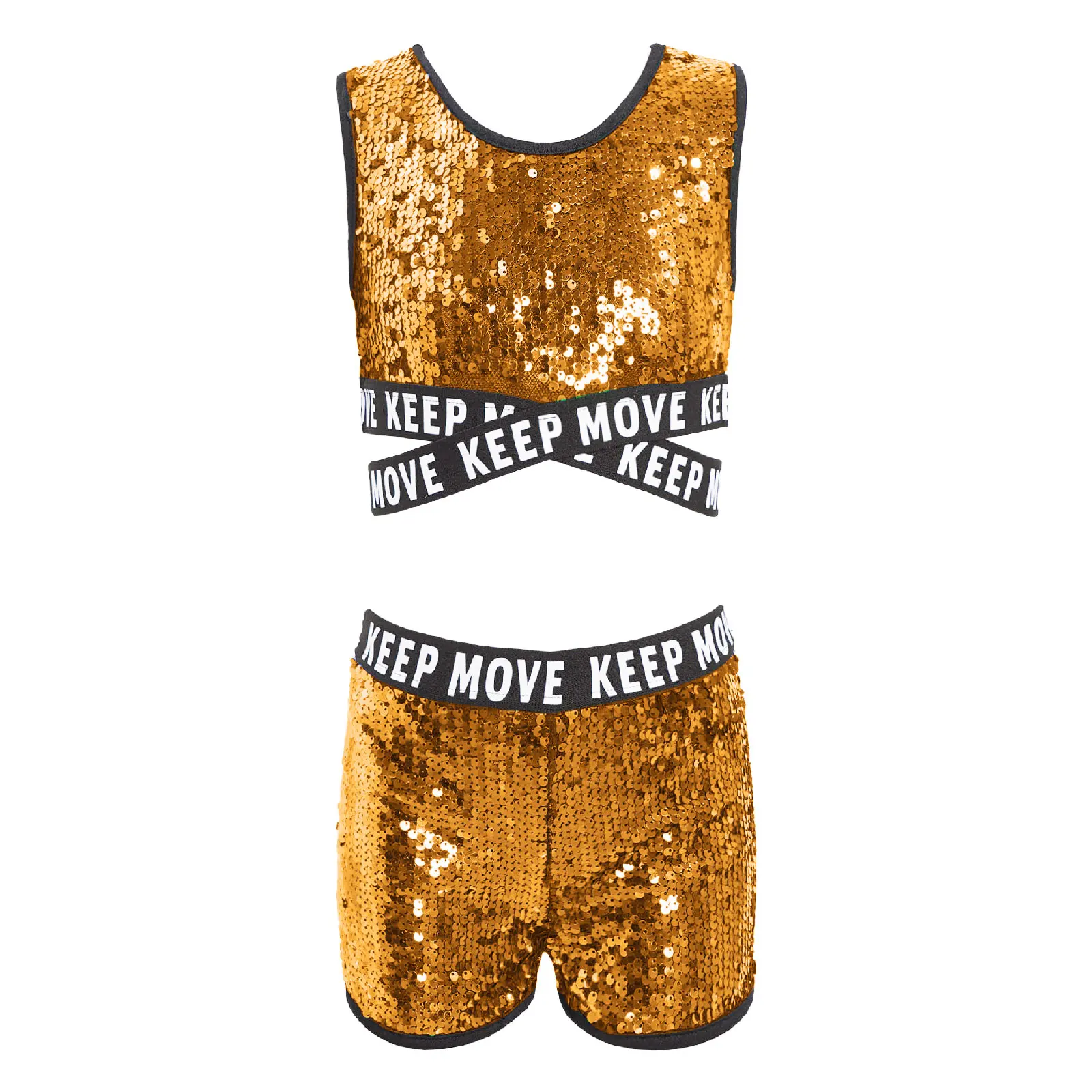

Kids Girls Sparkling Sequins Hip Hop Jazz Dance Performance Costume Sleeveless Round Neckline Bottom Crop Top with Shorts