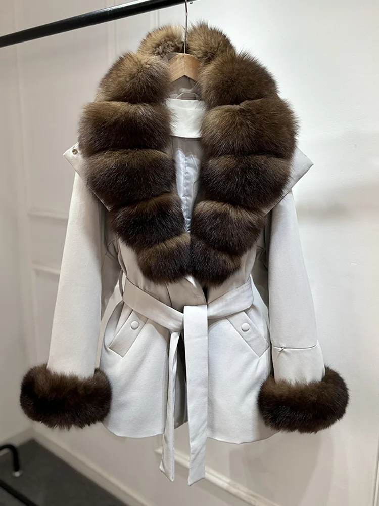 Janveny Luxury Women's Winter Down Jacket 2026 New Large Natural Real Fox Fur Cuff 90% White Duck Down Coat Female Feather Parka