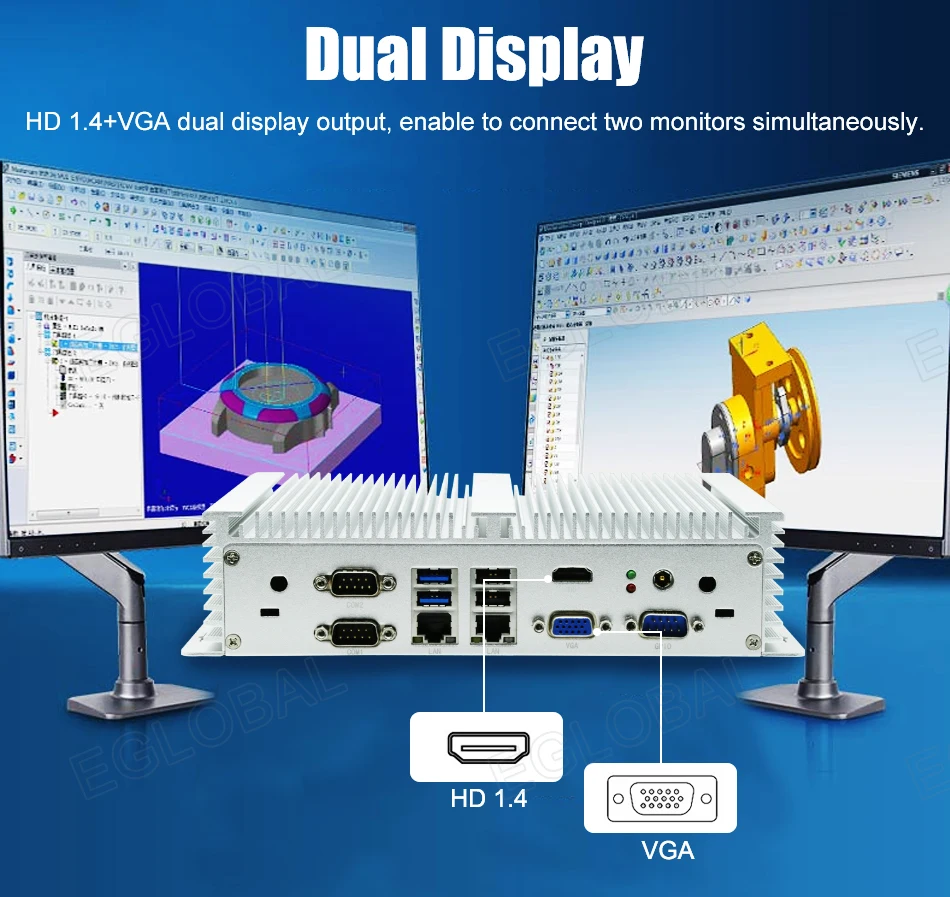 Eglobal Industrial Fanless Mini PC with I5 6300U, I7 10510U, Windows 7/8/10, VPN Router, VGA, HDMI, 4G, WiFi, BT Description Image.