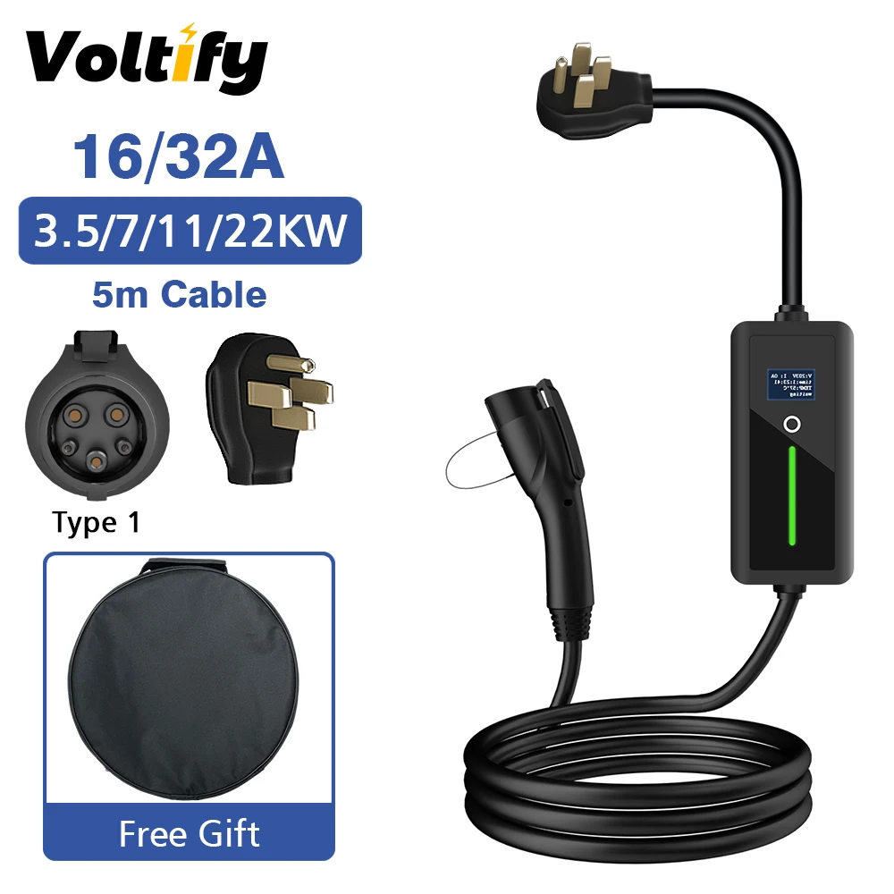 

7KW 32A Portable EV Charger Type1 SAEJ1772 Level2 1P EVSE Charging Box CEE Plug Controller Wallbox for Electric Vehicle 5Meter