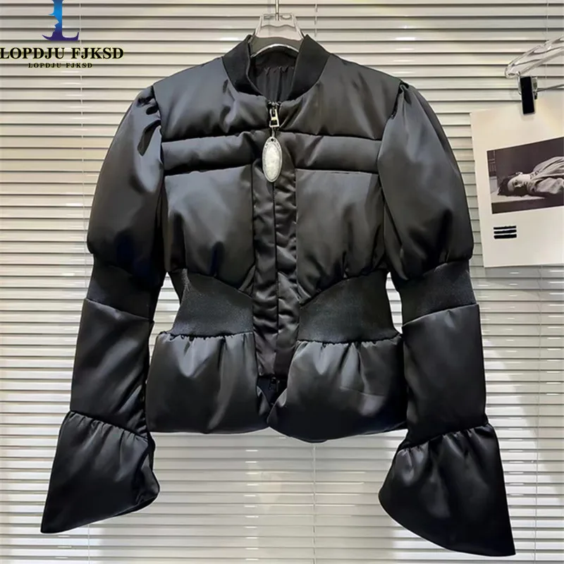 

Женское короткое пальто, куртка на белом утином пуху с пышными рукавами, парки с круглым вырезом, Женская одежда оверсайз на молнии, Осень-зима, новинка