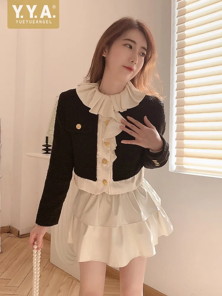 

Vintage Women Ruffles Collar Short Tweed Jacket Slim Fit Ladies Patchwork Single Breasted Fashion Party Coat Designer Outerwear