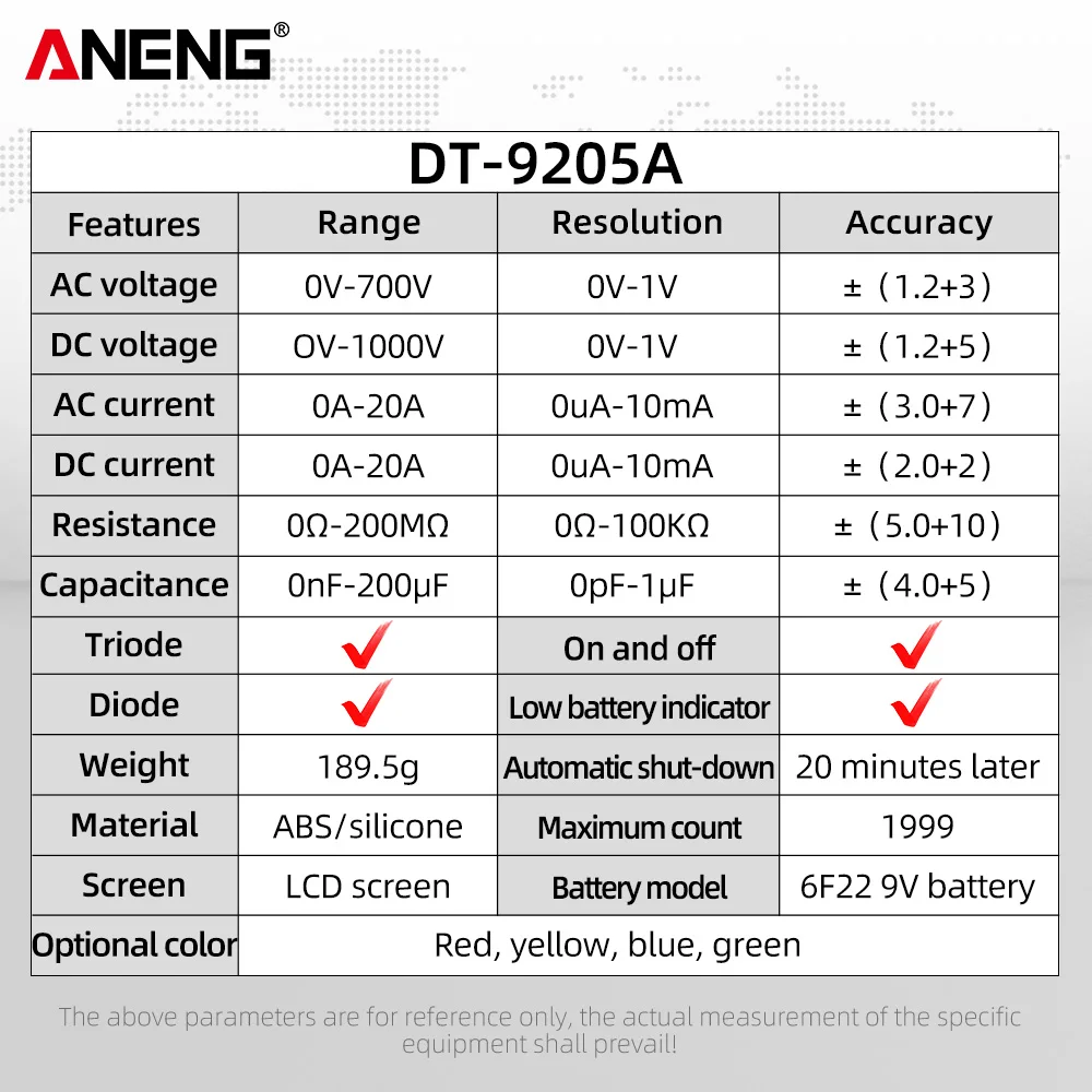 Digital Multimeter AC/DC Transistor Voltage Tester ANENG DT9205A