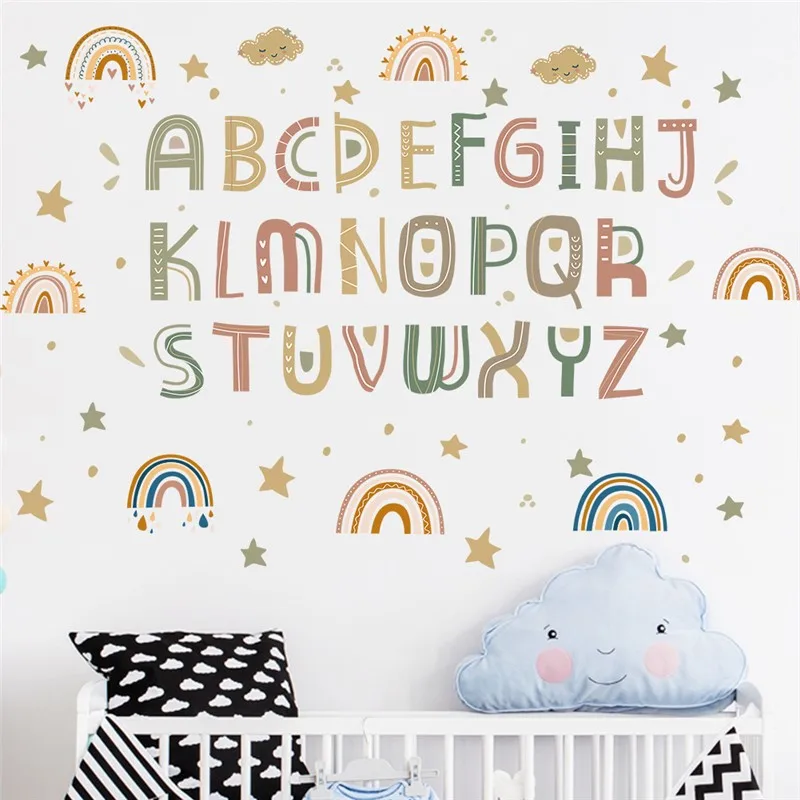 

Diy Rainbow Cloud Star English Letters Wall Sticker For Kids Room Home Decoration Alphabet Mural Art Pvc Decals Nursery Posters