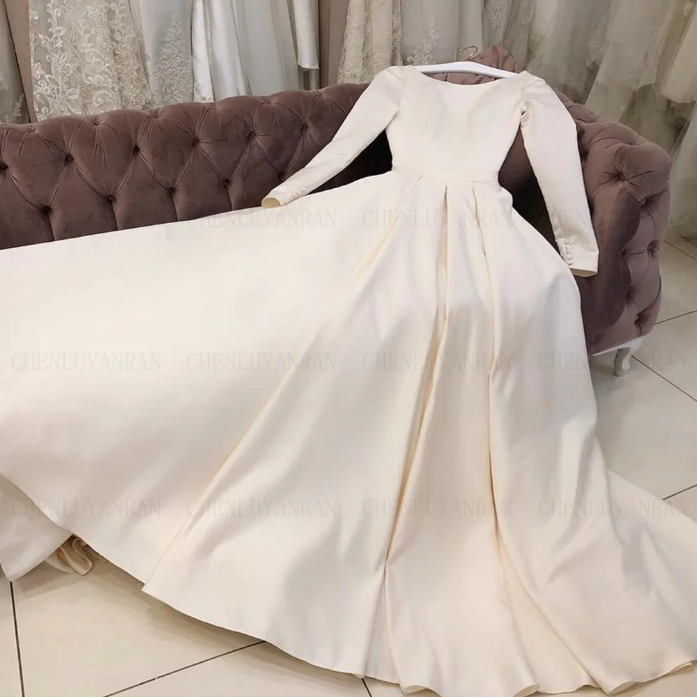 

Muslim Satin Wedding Dresses Cover Back A-line Long Bride Gowns Long Sleeves Button Satin Dress For Women 2023 Robe De Mariée