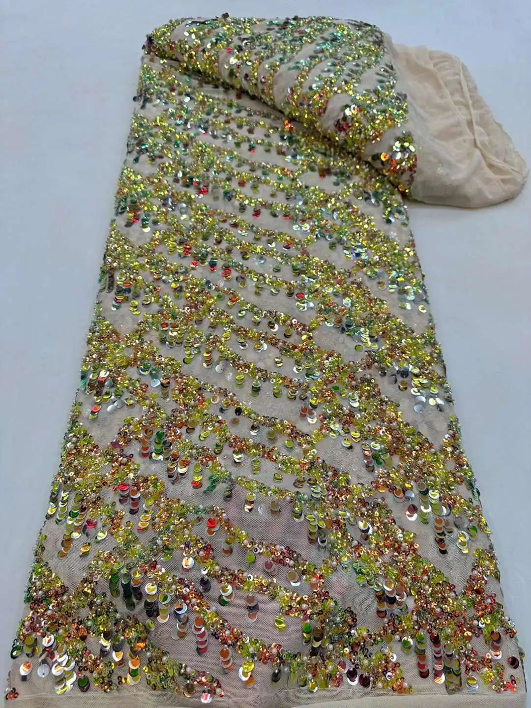 

High-End Handmade Beaded Lace Fabric Groom Embroidery French African Nigerian Wedding Dress Embroidered Tulle Lace Fabric 5 Yard