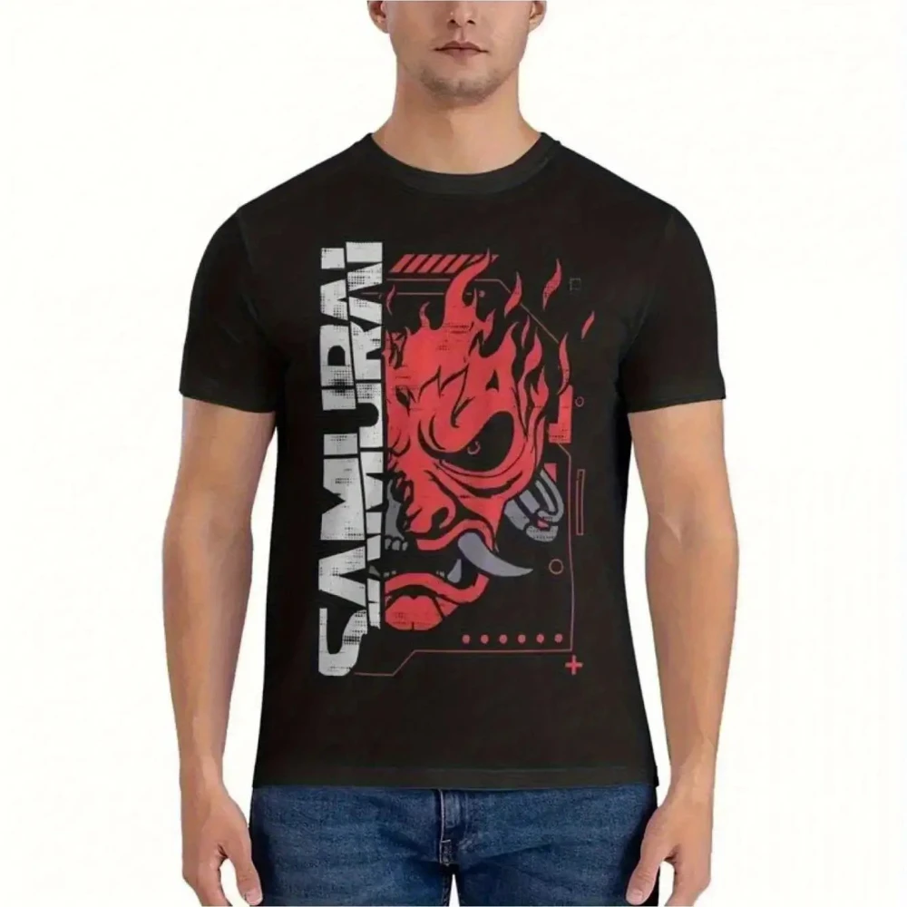 Herren Vintage Japanisches Gaming 2077 Cyber Samurai T-Shirt, schwarzes Baumwoll-Rundhals-T-Shirt mit retromuturistischer Punk-Kunst in Rot