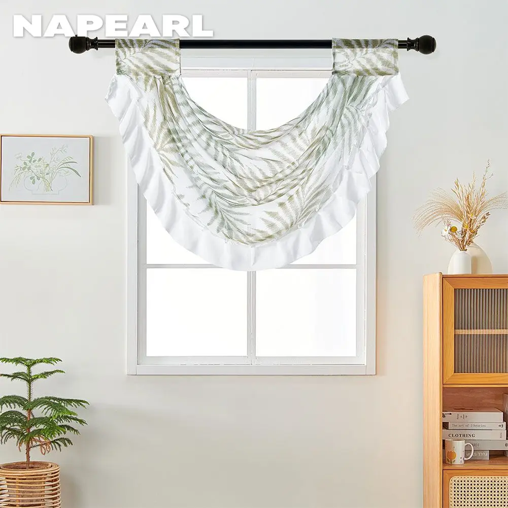 

NAPEARL Printed Green Leaves Window Curtain Sheer Voile Valance Short Curtain Home Decor Rod Pocket 1PC