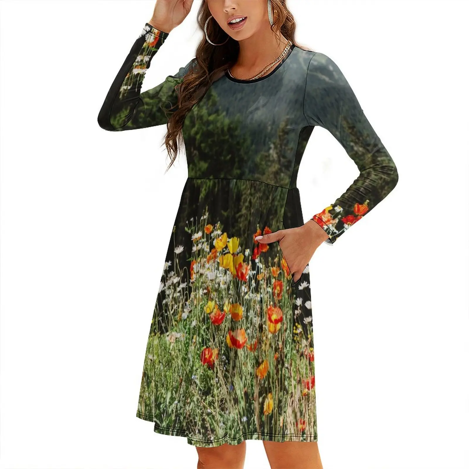 

Mountain garden Round Neck Baggy Dress Women's summer skirt dress for women