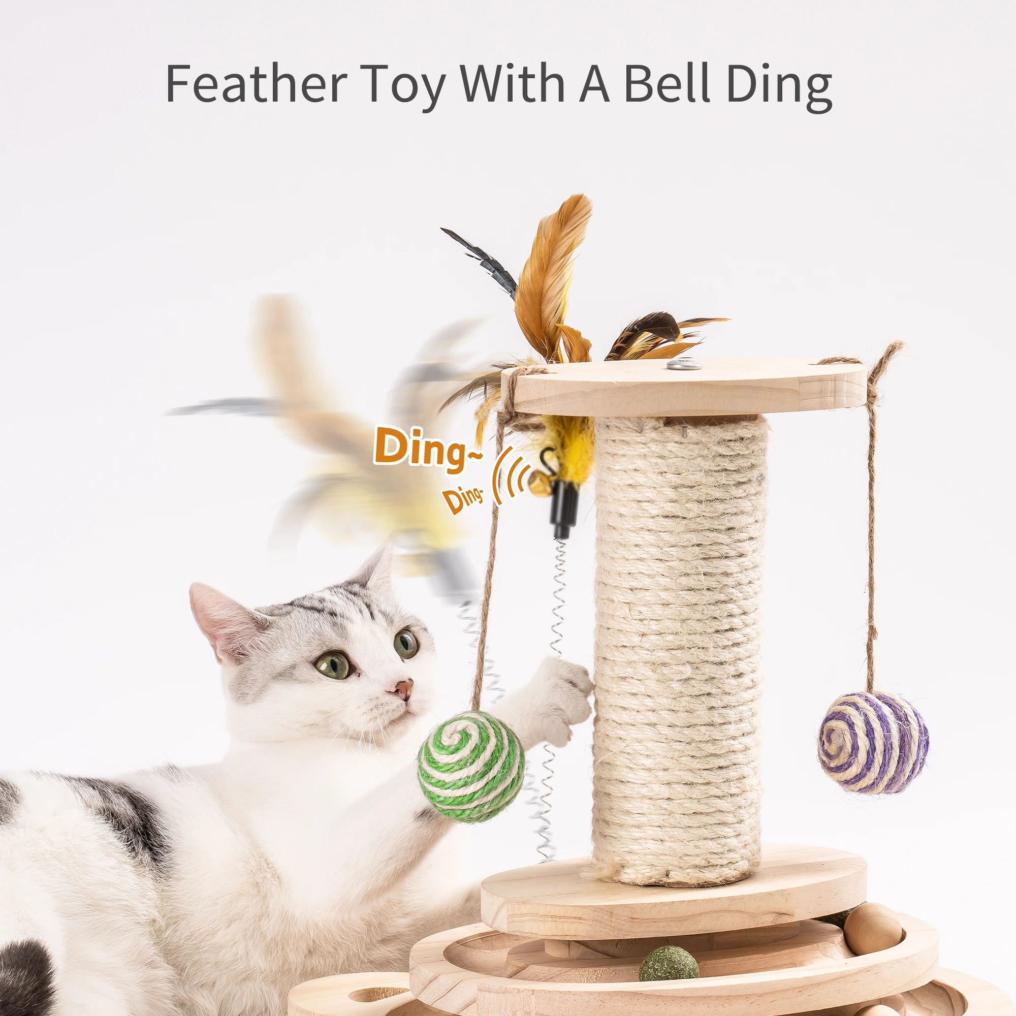 Mewoofun Cat Scratcher Pole Two-Layer Tier Track Ball and Two Sisal Balls Fun Interactive Cat Toy with Feather Bell WP037 5