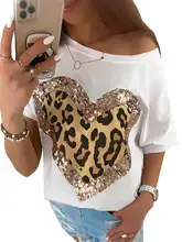 

Sale Women Fashion Heart-shaped T Shirt Sequined Leopard Print Ladies Blouse Tops Scoop Neck Female Half Sleeve Loose Tshirt
