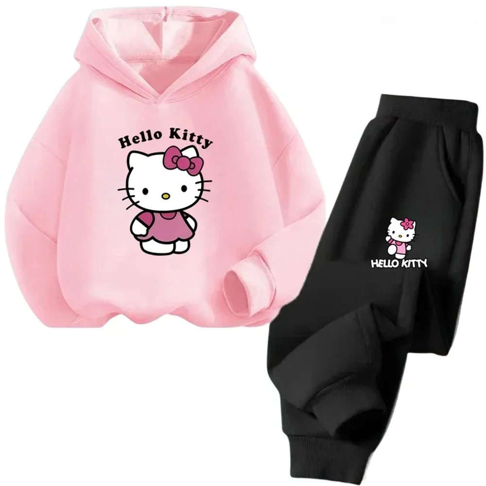 thumbnail image 1 of Conjunto de 2 piezas de sudadera y pantalones con estampado de dibujos animados de Hello Kitty Kawaii, ropa de primavera y otoño para niños y niñas, chándal de moda para niños, 1 of 5