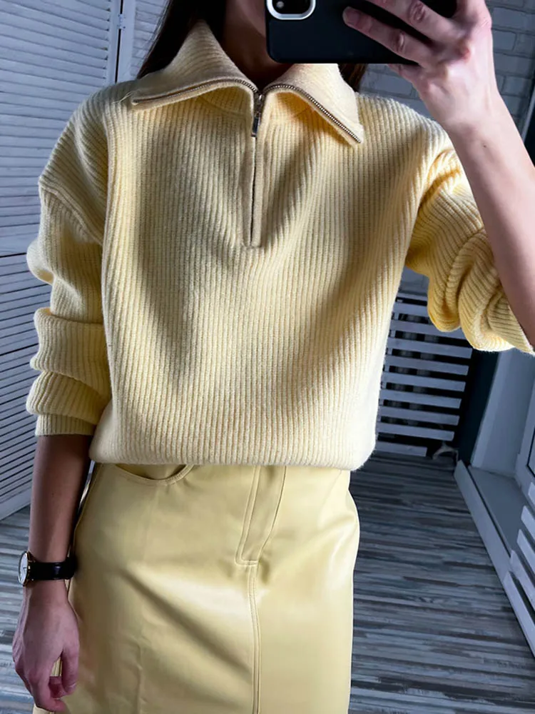 Winter Women's Turtleneck Knitted Fashion Zippers Sweaters Oversized Solid Gray Black Casual Long Sleeve Pullovers for Women Mallzona