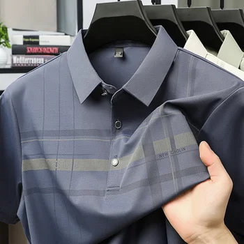 Polo da uomo con motivo a quadri, tessuto traspirante ad asciugatura rapida, top a maniche corte con risvolto, per affari e uso quotidiano