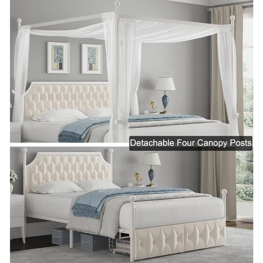 Queen Upholstered Canopy Bed Frame with 2 Drawers and Button Tufted Headboard, 4 Removable Posts, Queen Bed Frame 5