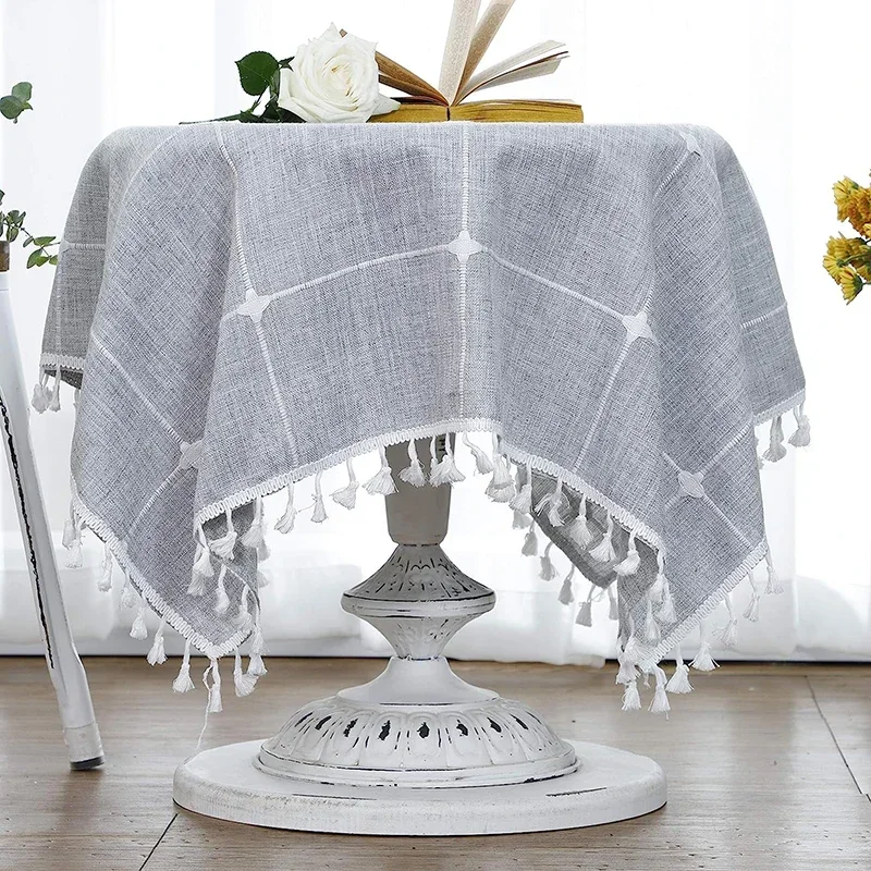 

Thicken Square Tablecloth Cotton Linen Checked Lattice Small Tablecloth Embroidery Tassel Table Cover For Home Dinning Tabletop