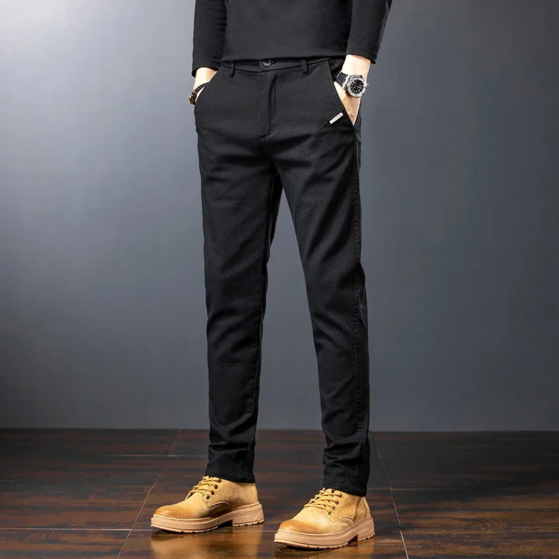 Autumn Men's Slim Casual Pants  Cotton Business Straight Twill Elastic Male Trousers Brand Fashion Korean Coffee Black Gray 3
