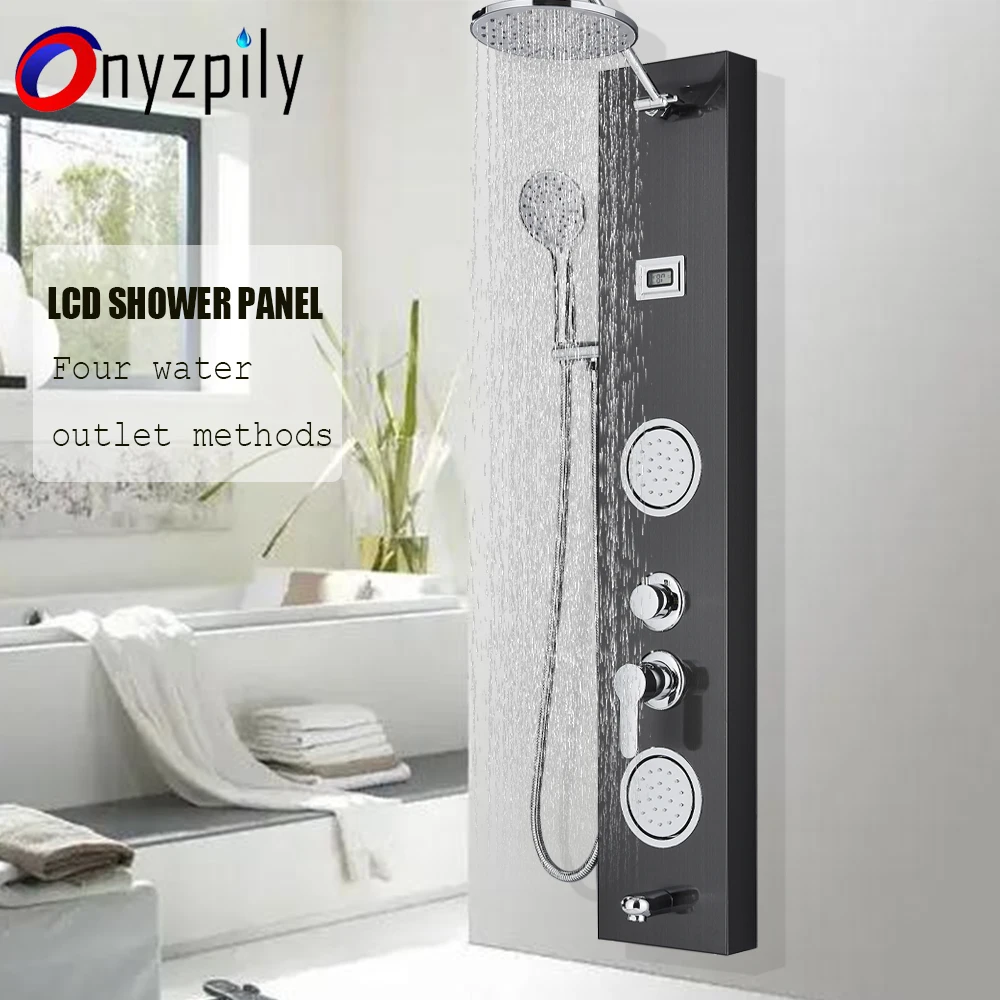 Onyzpily Black Shower Panel Shower Column Faucet Digital Temperature Screen Bath Shower System Rotable Spa Massage Sprayer