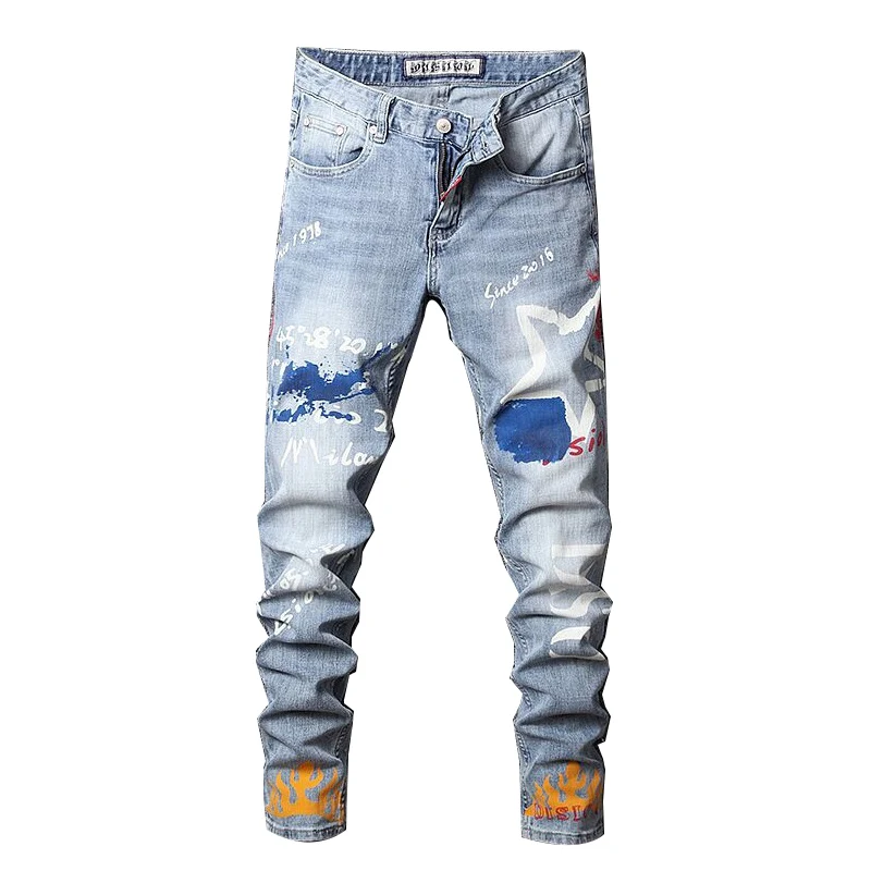 Street Fashion Men Jeans High Quality Retro Light Blue Slim Fit Printed Designer Jeans Men Hip Hop Denim Skinny Pants Hombre