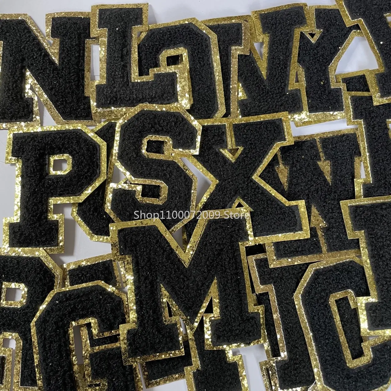 Yellow Chenille Iron On Gold Glitter Letter Patches