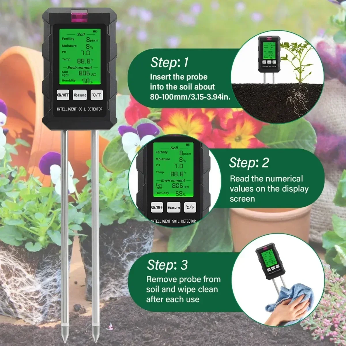 6 in 1 Multifunctional Soil Tester pH Temperature Humidity Sunlight Air Moisture Nutrient Fertility Meter Gardening Tool