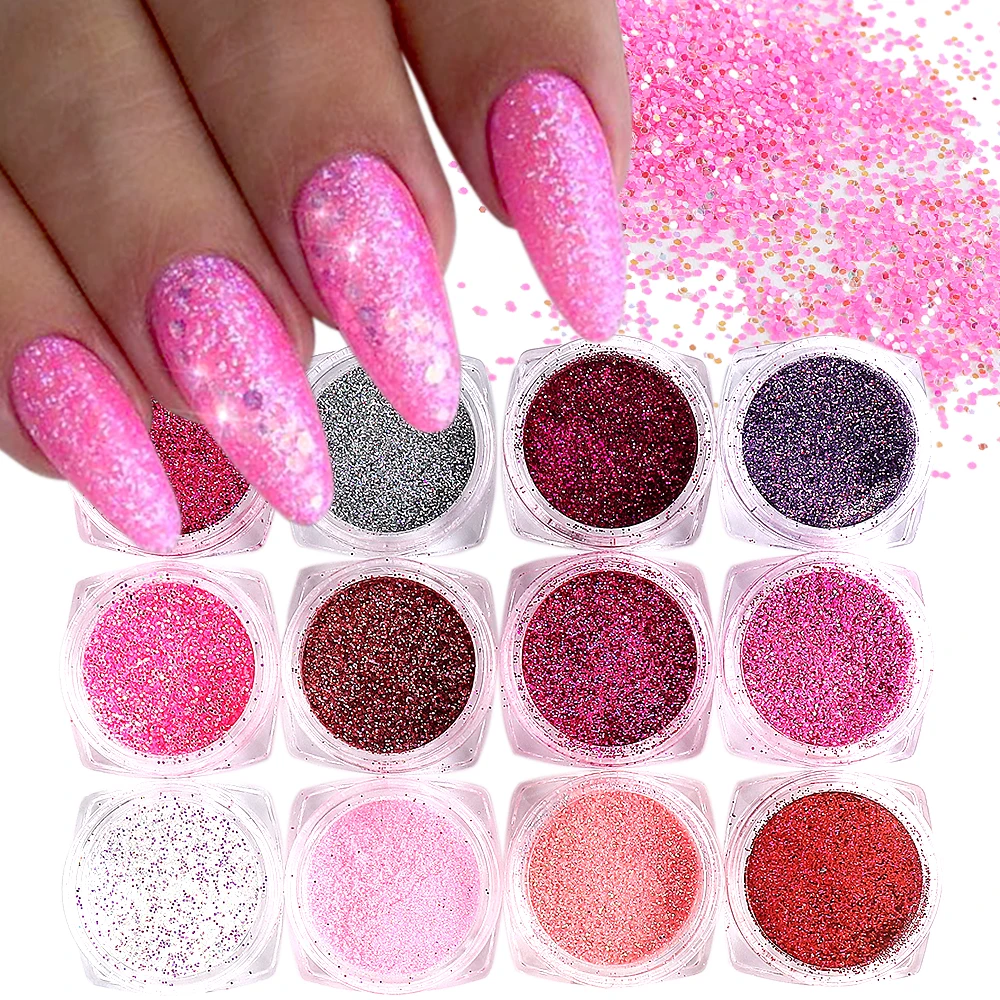 12Pcs Pink Nail Glitter Powder Set Dip Powder Shiny Red Pink Sugar Sand Coating Effect Riflettente Pigment Manicure Flake Ntp-Bab