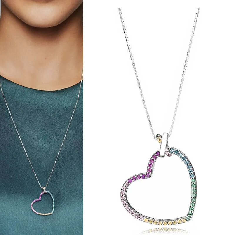 Original Women's Popular 925 Sterling Silver Colorful Love Heart Logo Ice Crystal Circle Necklace DIY Light Luxury Charm Jewelry