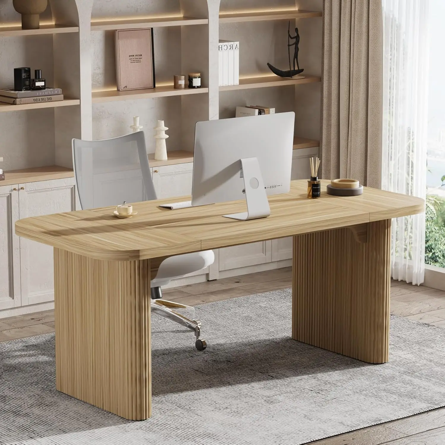 Tribesigns 62"" Executive Desk, Large Computer Office Desk With Double Pedestal, Modern Simple Style Natural Wood Top Rectangle