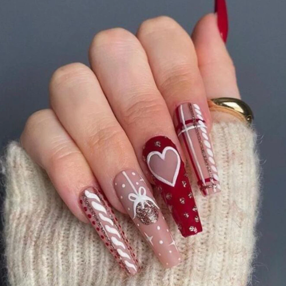 Juego de uñas postizas navideñas, set de manicura con diseño de campana de  corazón, puntas de ataúd largo francés, suministros de manicura, uñas  acrílicas falsas| | - AliExpress