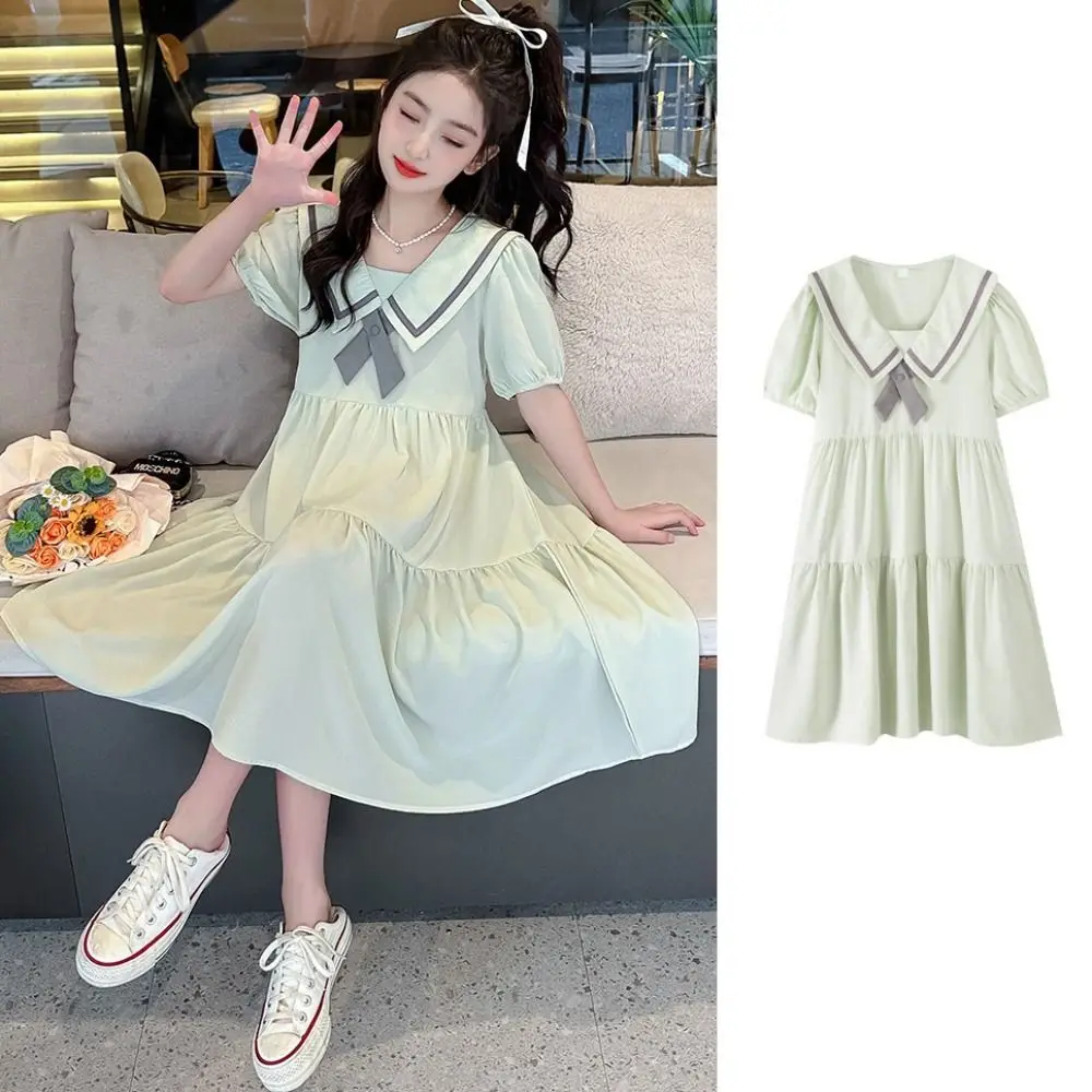 Fashion Bowknot Girl Princess Dress Loose Preppy Style Teenagers Dresses Sweet Puff Short Sleeve Children Bubble Dress Party