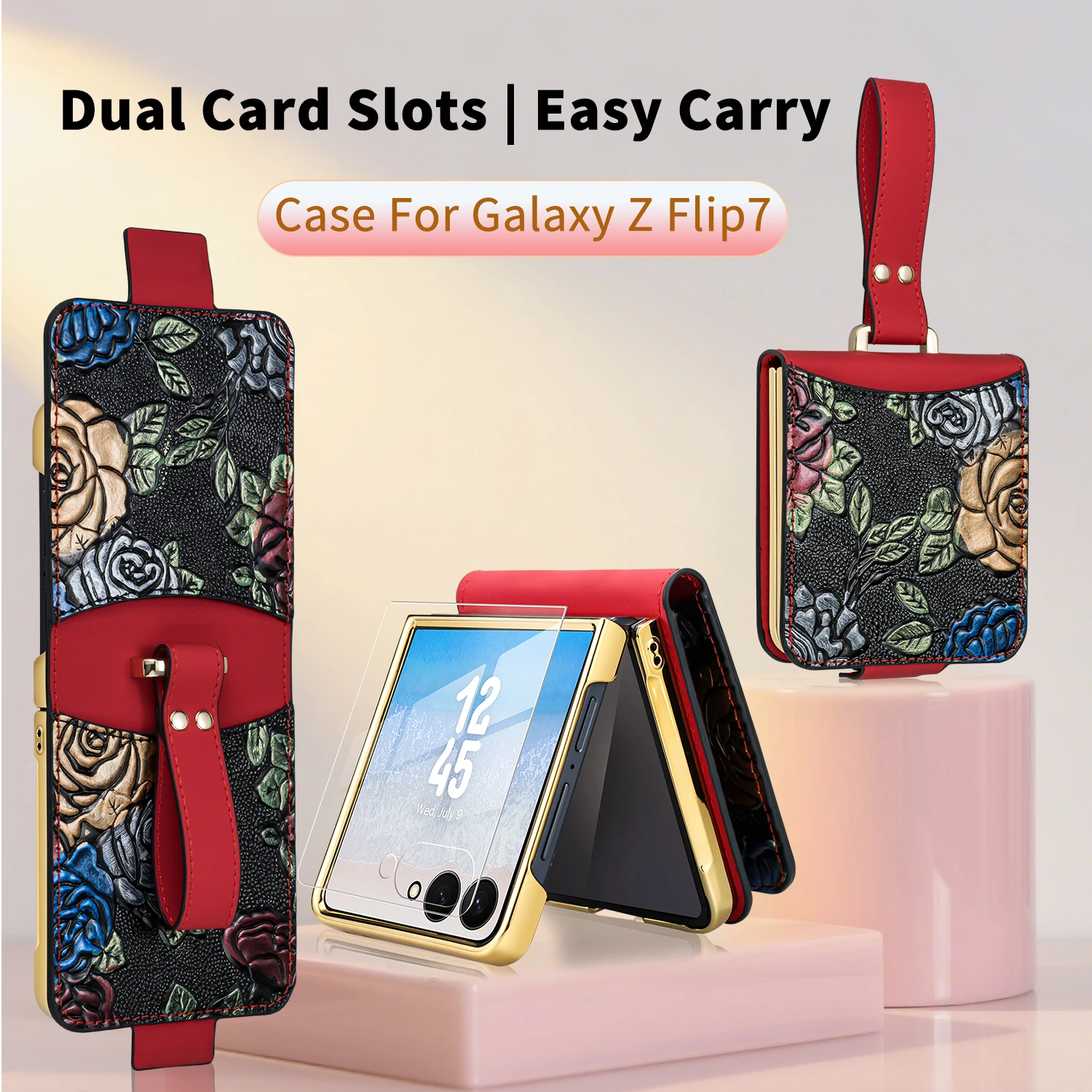 VIETAO Stylish PU Leather Phone Case with Card Slots & Wrist Strap - 3D Relief Design