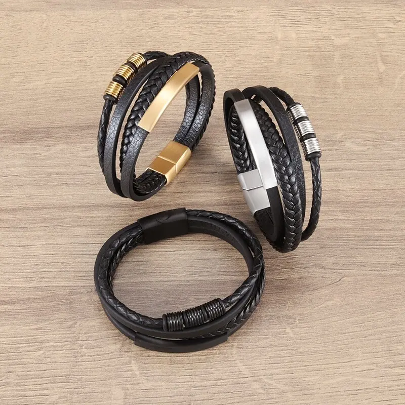 Classic Handwoven Punk Multilayer Leather Metal Magnetic Buckle Bracelet Men's Cuff Bracelet Charm Leisure Sports Jewelry leather braided bracelet leather bracelet charm bracelet