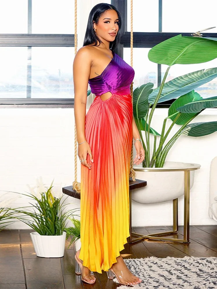 Wmstar Dress Women Wholesale Single Sleeve Elegant Printed  Pleated Hollow Out Maxi Dresses New Style Summer Dropshopping