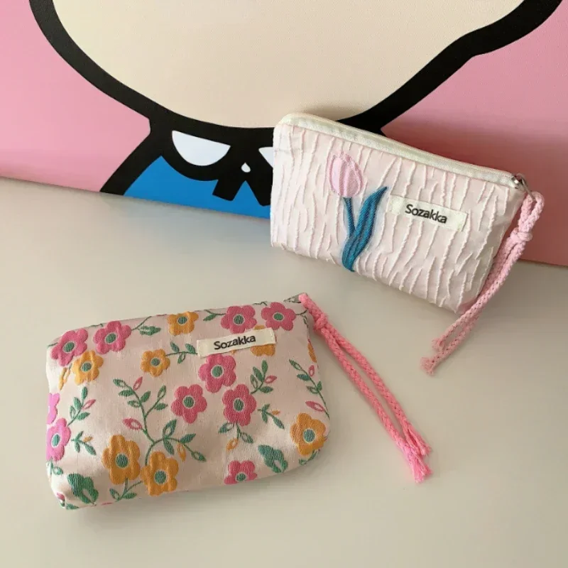 Red Green Floral Cute Women Wallet Mini Clutch Purse Coin Purse Cotton Bag Fresh Cute Card Bag Sanitary Napkins Earphone