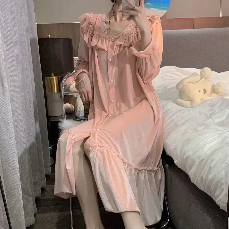 

Женская бархатная ночная рубашка с рукавами, Элегантная ночная одежда для сна, Корейская Пижама, Осеннее длинное домашнее платье с оборками, 2023