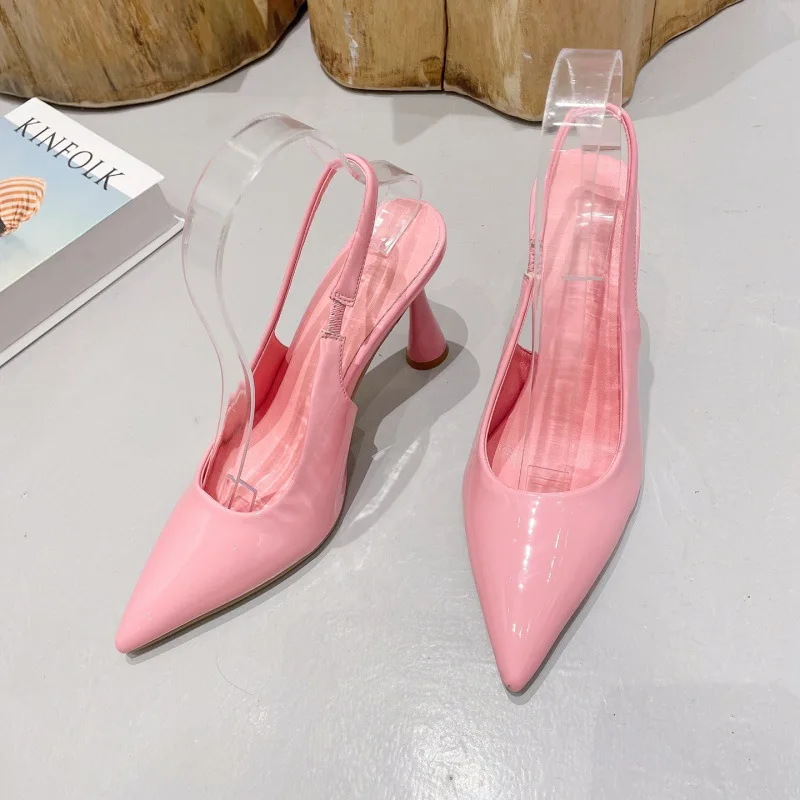 

New Summer Women's High Heels Patent Leather Stiletto Pointed Toe Empty High Heels Sandals Commuting Shoes